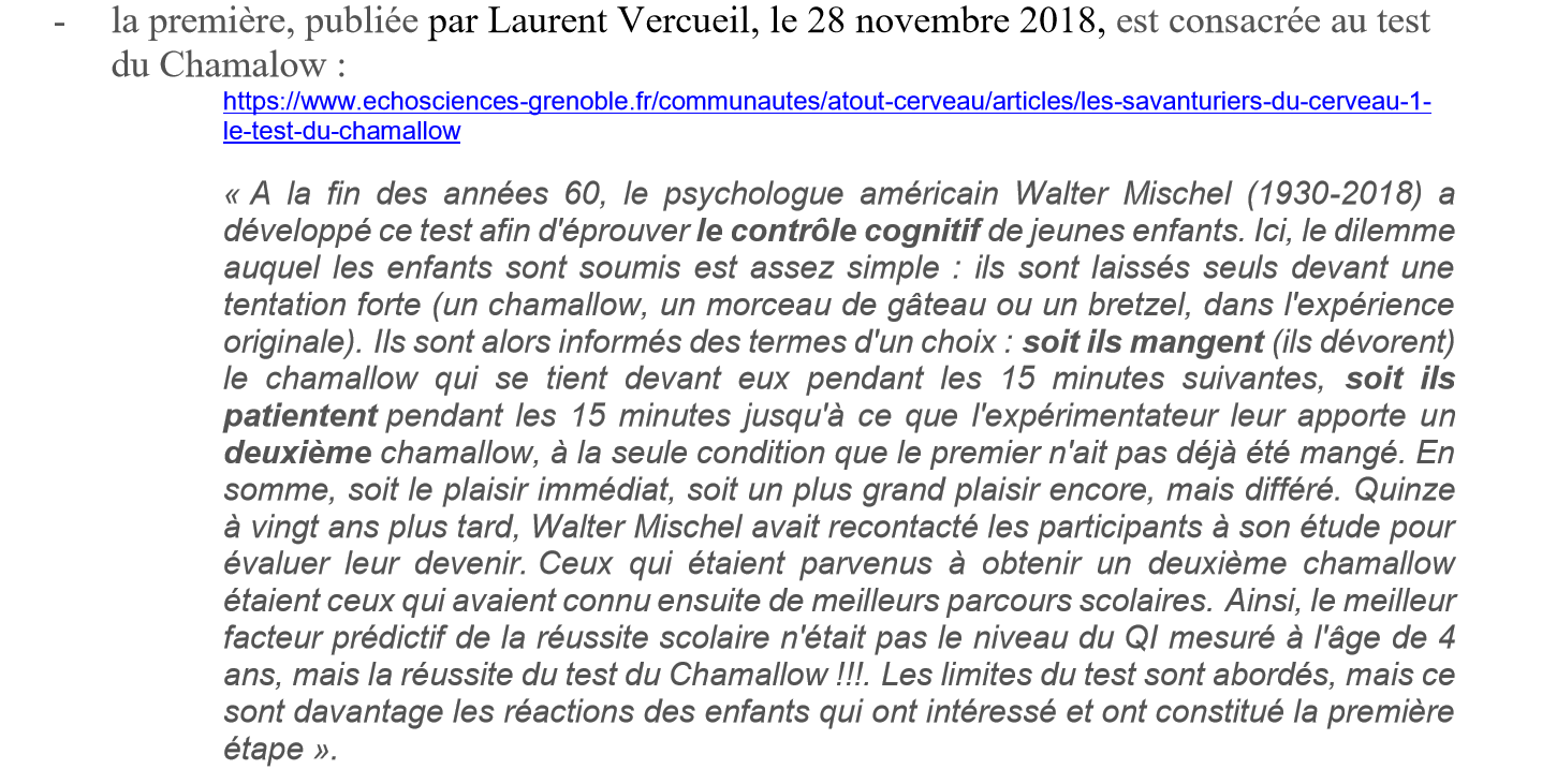 Les Savanturiers du Cerveau (1) : le test du chamallow de Walter Mischel 